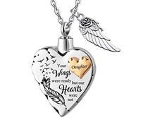 Collana con urna di cremazione a forma di cuore con medaglione intagliato in acciaio inossidabile impermeabile con ciondolo commemorativo con ala d'angelo e kit di riempimento: le tue ali erano pronte