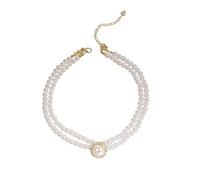Collana da donna a doppio filo classica con perle finte vintage stile corte doppia collana di perle accessori per abito da festa, Perla sintetica