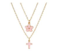 Collana da donna con ciondolo a forma di croce con fiore rosa, 2 pezzi | Collana con ciondolo a forma di fiore rosa a cinque petali e croce, il design carino aggiunge un fascino dolce