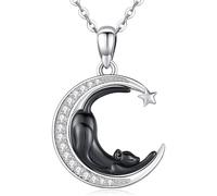 Collana da donna con ciondolo a forma di gatto con diamanti, luna, stelle, carino e pigro, Misura unica, Acciaio inossidabile, Nessuna pietra preziosa