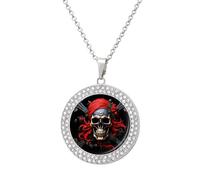 Collana da donna con ciondolo rotondo con teschio pirata con catena regolabile da 50 cm, chiusura a moschettone, regalo commemorativo personalizzato per amicizia, coppia, uso quotidiano, One size