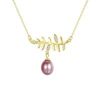Collana da donna in argento 925 con ciondolo a forma di foglia lunga con perle e zirconi gioielli argento/oro, 400+50 x 27 x 22MM, Perla Zirconia cubica