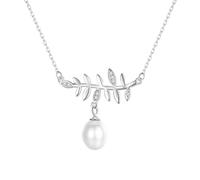Collana da donna in argento 925 con ciondolo a forma di foglia lunga con perle e zirconi gioielli argento/oro, 400+50 x 27 x 22MM, Perla Zirconia cubica