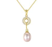 Collana da donna in oro 925, con ciondolo rotondo con zirconi e perle, alla moda, elegante, 400+50 x 7 x 28MM, Perla Zirconia cubica