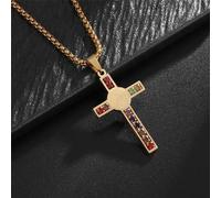 Collana da uomo con ciondolo a forma di croce con pietre preziose colorate, in acciaio inossidabile, con ciondolo per esorcismo, cattolico, religioso, portafortuna