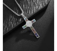 Collana da uomo con ciondolo a forma di croce con pietre preziose colorate, in acciaio inossidabile, con ciondolo per esorcismo, cattolico, religioso, portafortuna