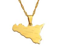 Collana da uomo, con ciondolo a forma di mappa della Sicilia dell'Italia con nome della città, colore argento, oro, gioielli italiani della Sicilia