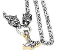 Collana da uomo in acciaio inox con ciondolo a forma di testa di lupo vichingo norvegese con martello di Thor Mjolnir, 50 cm, in acciaio inossidabile, senza pietre preziose,