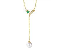 Collana dell'amicizia Amore, collana dell'amicizia a Y con smeraldo e perla in oro giallo 5,5-6 mm, oro giallo 9 K, Perla