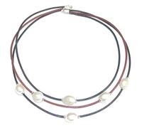 Collana Di 6 Perle Coltivate 11 MM Con Cuoio Blu E Granata E Argento Da 1ª Legge