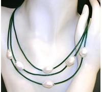 Collana Di 6 Perle Coltivate Barocche 11 MM Con Cuoio Verde E Argento Da 1ª Str