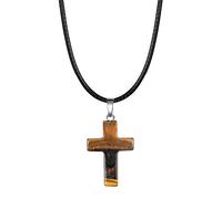 Collana di Cristallo con Pietra Naturale Occhio di Tigre,Croce con Pietra Preziosa e Cordino In Pelle Nera,Collana con Ciondolo,Collana di Cristallo Curativo Reiki,Regalo di Gioielli Chakra per