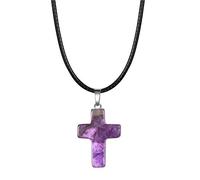 Collana di Cristallo di Ametista Naturale con Pietra Preziosa A Croce e Cordino In Pelle Nera,Collana con Ciondolo,Collana di Cristallo Curativo Reiki,Regalo di Gioielli Chakra per Donne e Uomini