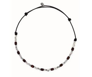 Collana di cuoio con perline di argento e legno