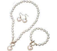 Collana di perle a forma di cuore con strass per le donne | Set di tre pezzi, collana abbinata, orecchini, bracciale, stile coordinato