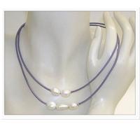 Collana Di Perle Coltivate Barocche 10-11mm Cuoio Lavanda E Argento Legge ref84