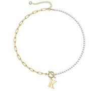 Collana di perle con iniziale in oro da donna, placcata in oro 14 carati, collana girocollo con chiusura a levetta, delicata collana di perle con ciondolo con iniziale, collane da donna, gioielli in