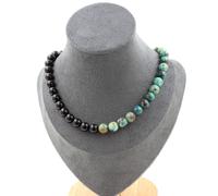 Collana Perle Crisocolla Da Namibia Qualità 7A + Agata Nero 8 Mm. Collana Fe