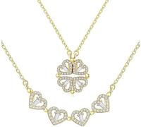 Collana Donna,Collana di Quadrifoglio Portafortuna Zirconi Cuore Gioielli in Argento Acciaio Regalo Collana per Lei Moglie Festa della Mamma Anniversario Regalo Natale Valentin's Day (oro)