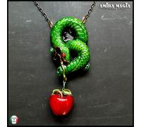 Collana Donna Gioiello Art Deco Nouveau Pendente Lungo Serpente Verde Mela Rossa
