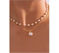 Collana donna girocollo 2 fili luminosa color oro pietre dure perle 60169