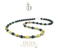 Collana donna pietre dure naturali Onice nero Ematite Occhio di tigre dorato
