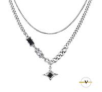 COLLANA DOPPIA UOMO DONNA IN ACCIAIO INOSSIDABILE CON CROCE E PIETRA AGATA NERA