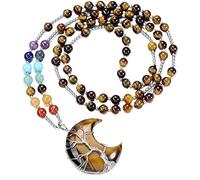 Collana fai da te con ciondolo a forma di luna con albero della vita in cristallo naturale, 7 perline rotonde colorate, pietra occhio di tigre