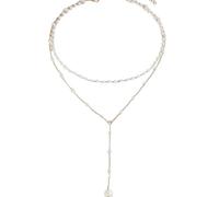 Collana fantasia in acciaio inossidabile dorato e perle bianche, 2 file e catena pendente, stile Y, gioiello da donna alla moda classica, 37/42 cm, Unique, Acciaio inossidabile, Nessuna pietra
