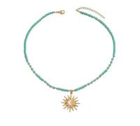 Collana fantasia in perle turchesi e ciondolo dorato a forma di sole, gioiello da donna estivo, alla moda, per vacanze, stile boheme, 36/41 cm, per 3 x 2 cm, chiusura a moschettone, Unique, Acciaio