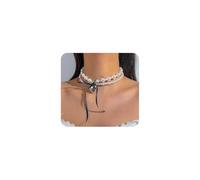 Collana girocollo da donna con perle a strati e fiocco a forma di cuore, con fiocco e nodo a farfalla, doppio strato, collana di perle, gioiello formale alla moda, Large, Lega di acciaio, Nessuna
