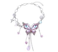 Collana girocollo da donna con strass a forma di farfalla, con nappa, collana con ciondolo a forma di farfalla, idea regalo, As show, Acrilico, Nessuna pietra preziosa