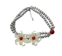 Collana girocollo gotica con fiore di iris, girocollo in argento con perle e accenti rossi, gioielli vintage da donna, collana regolabile a clavicola, taglia unica, argento Sterling, senza pietre