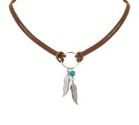 Collana girocollo in pelle bohémien, pietra turchese con ciondoli a piuma d'argento, pelle scamosciata marrone, stile cowgirl occidentale, lunghezza 37,5 cm