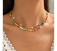 Collana girocollo multicolore con perle di vetro con accenti margherita, gioiello bohémien sovrapposto per l'estate, la spiaggia, le vacanze, 1 pezzo