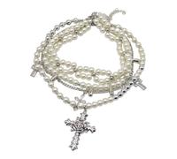 Collana girocollo multistrato con perle vintage con ciondolo a croce in lega robusta, accessorio per donne alla moda con perle