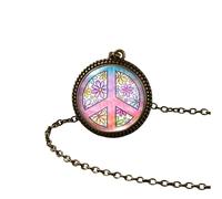 Collana hippie in argento sterling 925 per donne e uomini, segno di pace hippy pittura artistica ciondolo vintage rotondo con foto stampata cupola di vetro, collane lunghe Boho, Grunge