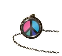 Collana hippie in argento sterling 925 per donne e uomini, segno di pace hippy pittura artistica ciondolo vintage rotondo con foto stampata cupola di vetro, collane lunghe Boho, Grunge
