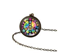 Collana hippie in argento sterling 925 per donne e uomini, segno di pace hippy pittura artistica ciondolo vintage rotondo con foto stampata cupola di vetro, collane lunghe Boho, Grunge