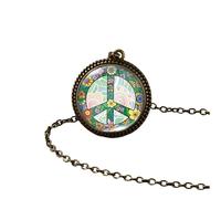 Collana hippie in argento sterling 925 per donne e uomini, segno di pace hippy pittura artistica ciondolo vintage rotondo con foto stampata cupola di vetro, collane lunghe Boho, Grunge