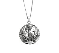 Collana in Argento 925 con Medaglione Grande della Regina Nefertiti per Uomini e Donne - Ciondolo con Disco Scarabeo Alato in Argento Sterling Catena barbazzale da 18" - Collana con Croce Ankh -