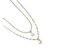 Collana in argento a doppio strato splendente ciondolo con luna pentagramma catena regolabile in acciaio inossidabile, collane gioielli da spiaggia per le donne