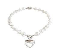 Collana in argento con perle finte barocche da donna, collana con ciondolo a forma di cuore con chiusura a levetta, delicata collana vintage a forma di cuore, gioielli per uso quotidiano, feste