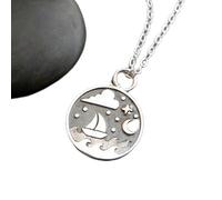 Collana in argento sterling 925 con barca a vela e onde dell'oceano. Luna e stella in bronzo. Gioielli da spiaggia boho, ciondolo con cielo notturno, regalo per surfista, ragazza, mare | con catena