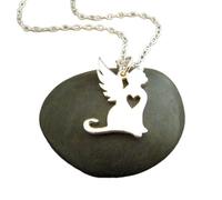 Collana in argento sterling 925 con ciondolo a forma di angelo e gatto, con cuore intagliato, commemorativo, con orgoglio per gli animali domestici, ciondolo felino, ricordo di animali, semplice,