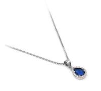 Collana in Argento Sterling 925 con Ciondolo Tondo con Pietra Zircone Taglio Goccia e Zirconia Bianca Blu