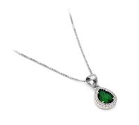 Collana in Argento Sterling 925 con Ciondolo Tondo con Pietra Zircone Taglio Goccia e Zirconia Bianca Verde