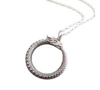 Collana in argento sterling 925 con drago uroboro. Piccolo serpente che mangia la coda. Ciondolo fantascientifico fantasy mitologico con cerchio dell'infinito, vita eterna | con catena da 18