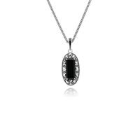 Argento Sterling Art Déco Stile Ovale Onice, Marcasite E Smalto Ciondolo Collana