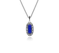 Argento Sterling Art Déco Ovale Lapislazzuli, Marcasite &enamel Ciondolo Collana
